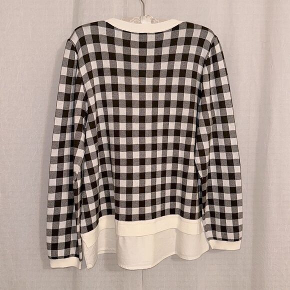 Talbots L Ivory Camo Olive Green Gingham Plaid Knit Shirt Hem Crew Sweater - Picture 2 of 11